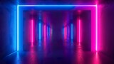 Fototapeta  - Abstract background of a hallway lit in blue and violet neon light. Empty space of ultraviolet light in 80s retro style.