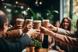 A team of colleagues in a celebratory moment, toasting with coffee cups after achieving a significant milestone, representing shared successes in the workplace