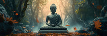 Buddha Statue In The Forest. 3D Illustration. Panorama