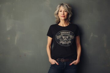 Wall Mural - Portrait of a satisfied woman in her 50s sporting a vintage band t-shirt against a bare monochromatic room. AI Generation