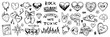 Doodle love grunge rock set, graffiti groovy vector punk heart print kit, emo gothic hand drawn sign. Marker scribble sticker, crayon wax paint collage icon, lips. Romantic Valentine Day heart doodle