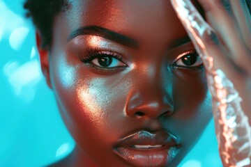 Canvas Print -  a close up of a woman's face with blue and red light reflecting off of her face and her hand on her head, and her right hand on her left shoulder.