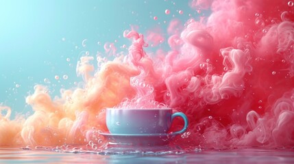 Wall Mural -  a cup filled with liquid sitting on top of a blue and red liquid filled table next to a red and yellow liquid filled with blue and pink liquid on a blue background.