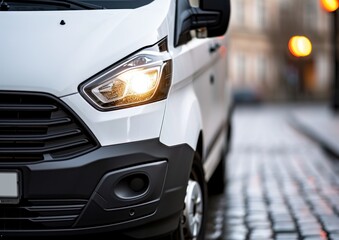 Wall Mural -  a close up of the front of a white van on a cobblestone street with a traffic light in the background and a red traffic light in the foreground.