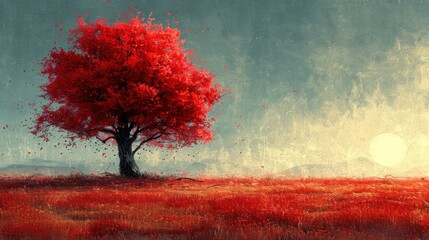 Canvas Print -  a painting of a tree in the middle of a field with red leaves falling off of it's branches in front of a gray sky with a sun in the background.