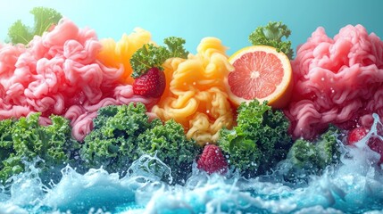 Canvas Print -  a group of fruits and vegetables made to look like watermelon and raspberries on top of a wave of water with a blue sky in the background.