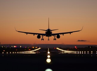 Wall Mural -  a large jetliner taking off from an airport runway with the sun setting in the background and the lights of the lights on the tarmac in the foreground.