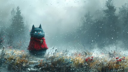 Poster -  a painting of a cat in a red coat standing in a field with a stream in the foreground and trees in the background, with snow falling on the ground.