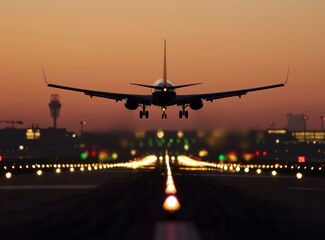 Wall Mural -  a large jetliner taking off from an airport runway at night with lights on the ground and in the background, a plane is taking off from the runway at dusk.