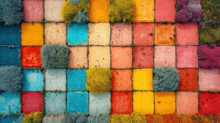 Wall Mural -  a multicolored wall made up of squares and squares of different colors, with moss growing on the sides of the squares and on the sides of the sides of the squares.