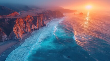 Poster -  a large body of water next to a cliff with a road on top of it and a large body of water next to it with a bridge on top of it.