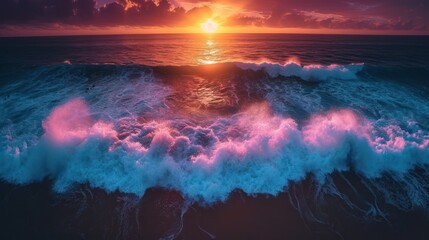 Sticker -  a sunset over a large body of water with a wave coming towards the shore and the sun in the middle of the ocean with pink and orange hues on the water.