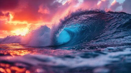 Wall Mural -  a large wave in the middle of a body of water with a sunset in the back ground and clouds in the sky over the top of the water and bottom of the wave.