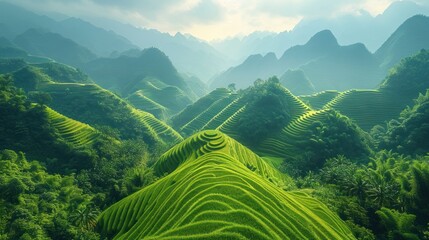 Sticker -  an aerial view of a lush green valley with mountains in the backgroound and trees in the foreground, with a blue sky and clouds in the background.