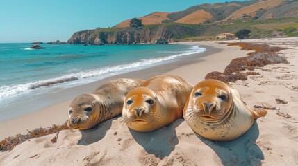 Sticker -  a group of sea lions laying on top of a sandy beach next to a body of water with a mountain in the backgrouund and a blue sky.