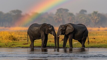 Canvas Print -  two elephants standing next to each other near a body of water with a rainbow in the sky in the back ground and trees in the back ground in the background.