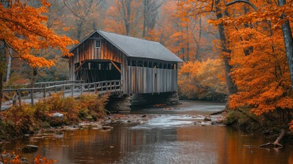 Canvas Print -  a covered covered bridge over a river surrounded by trees with orange leaves on the trees and in the foreground is a body of water and a bridge with a.