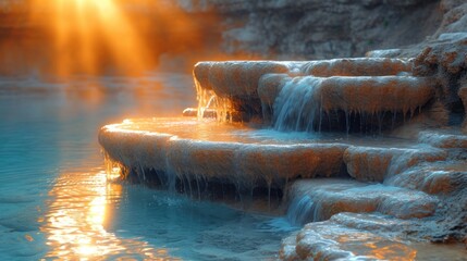 Sticker -  a pool of water with a waterfall in the middle of it and the sun shining down on the water cascading and the water running down the side of the pool.