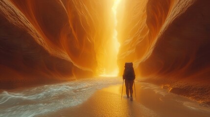 Wall Mural -  a person standing on a beach in front of a very large orange and yellow cave with a light at the end of the tunnel and a body of water at the end of water.