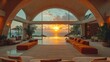  a living room filled with lots of furniture and a view of the sun setting over the ocean through a large arched window that overlooks a swimming pool and ocean.