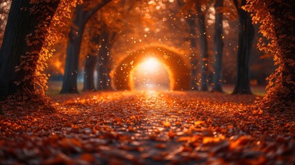 Sticker -  a light at the end of a tunnel in the middle of a forest with leaves on the ground and the light at the end of the tunnel in the end of the tunnel.