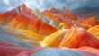  a group of mountains that have been painted in different shades of orange, yellow, and pink with a cloudy sky in the middle of the mountains in the background.