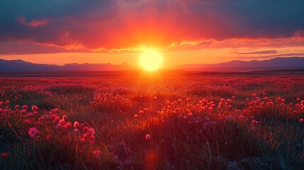 Wall Mural - the sun is setting over a field of wildflowers in the foreground, with a mountain range in the dista