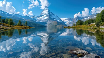 Poster -  a mountain is reflected in the still water of a lake with rocks and trees in the foreground and a blue sky with white clouds and a few puffy clouds.