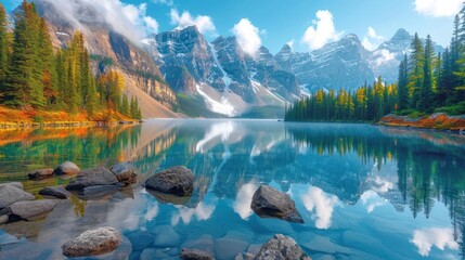 Canvas Print -  a scenic view of a mountain lake with rocks and trees in the foreground and a mountain range in the background with clouds in the sky and water in the foreground.