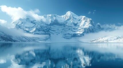 Poster -  a mountain covered in snow next to a body of water with a mountain in the distance with clouds in the sky and a body of water in the foreground.