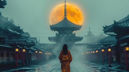 Poster -  a woman in a yellow robe standing in front of a building with a full moon in the sky behind her, in the middle of a foggy area of a city.