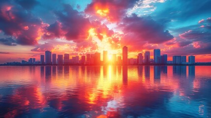 Wall Mural -  a large body of water with a city in the background and a sunset in the middle of the water with clouds in the sky and in the middle of the water.