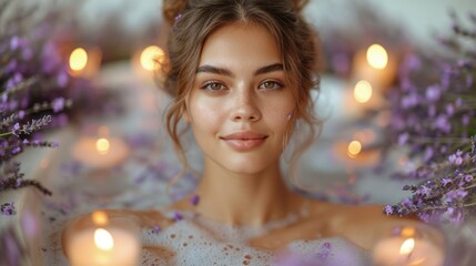 Wall Mural -  a woman in a bathtub with candles around her and a bunch of lavender flowers in front of her and a candle in the middle of her body of her face.