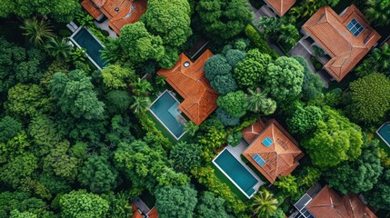 Wall Mural -  a bird's - eye view of a house in the middle of a forest with lots of trees and houses on the other side of the house, from above.