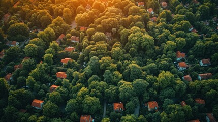 Poster -  a bird's eye view of a small village in the middle of a forest with lots of trees on both sides of the road and houses on the other side of the road.