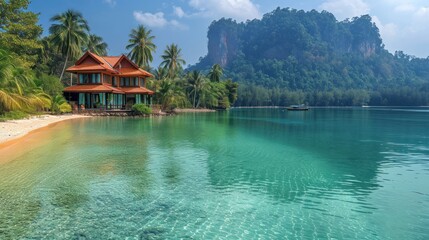 Canvas Print -  a house sitting on top of a lush green hillside next to a body of water with a boat in front of it and a mountain range in the distance in the background.