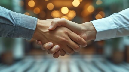 Canvas Print -  a close up of two people shaking hands over a table with a blurry background of lights in the background and a person in the foreground holding the hand of another person's hand.