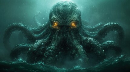 Wall Mural -  a giant octopus with glowing eyes swimming in the ocean with a light shining on it's head and glowing eyes on it's upper part of its head.