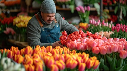 Wall Mural -  a man working in a flower shop with lots of tulips in the foreground and a bunch of other tulips in the back ground behind him.