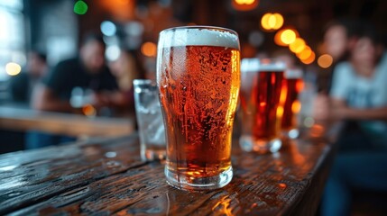 Sticker -  three glasses of beer sitting on top of a wooden table next to a person sitting at a table in front of a bar with people sitting at a table in the background.