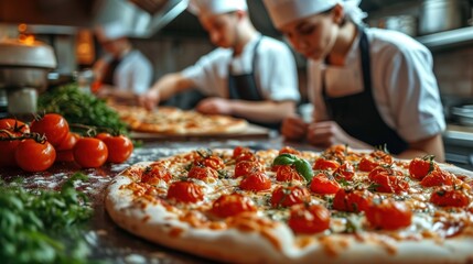 Wall Mural -  a couple of pizzas sitting on top of a table next to a bunch of veggies on top of a wooden table with a man in the background.