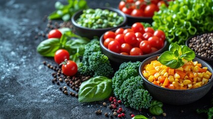 Canvas Print -  a table topped with bowls filled with lots of veggies and seasoning next to a pile of beans and broccoli next to a pile of tomatoes.