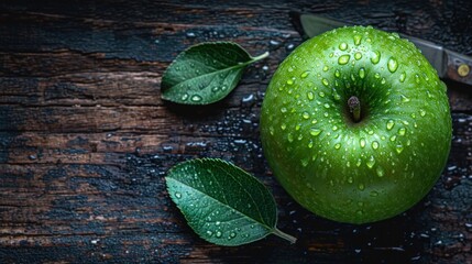 Poster -  a green apple sitting on top of a wooden table next to a pair of scissors and a leafy green apple with water droplets on the top of the apple.