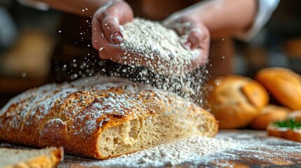 Wall Mural -  a close up of a person sprinkling sugar on a loaf of bread on a table with other bread and pastries on a wooden table with a person in the background.