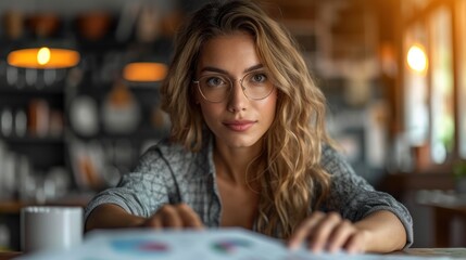 Poster -  a woman sitting at a table with a cup of coffee looking at a piece of paper with a picture of a woman with glasses on it in front of her.