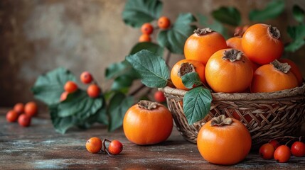 Sticker -  a basket filled with lots of oranges on top of a wooden table next to a bunch of green leaves and small oranges on top of other oranges.