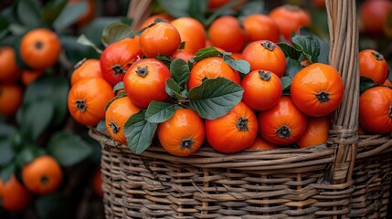 Canvas Print -  a basket filled with lots of oranges on top of a green leafy plant covered ground next to a pile of oranges with leaves on top of other oranges in the basket.