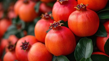 Poster -  a bunch of ripe pomegranates sitting on top of a green leafy tree with red berries on the top of the tops of the pomegranates.