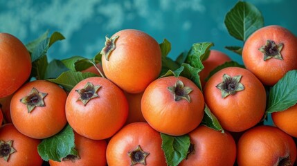 Sticker -  a pile of oranges sitting on top of each other with green leaves on the top of each of the oranges and on top of the other oranges.