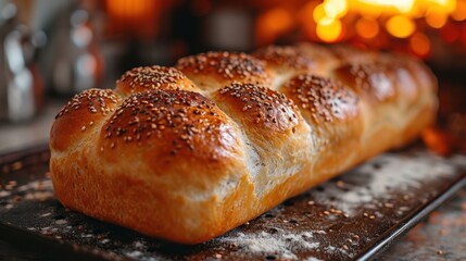 Sticker -  a close up of a loaf of bread on a tray with other breads in the background and a lite up fire in the back ground in the background.